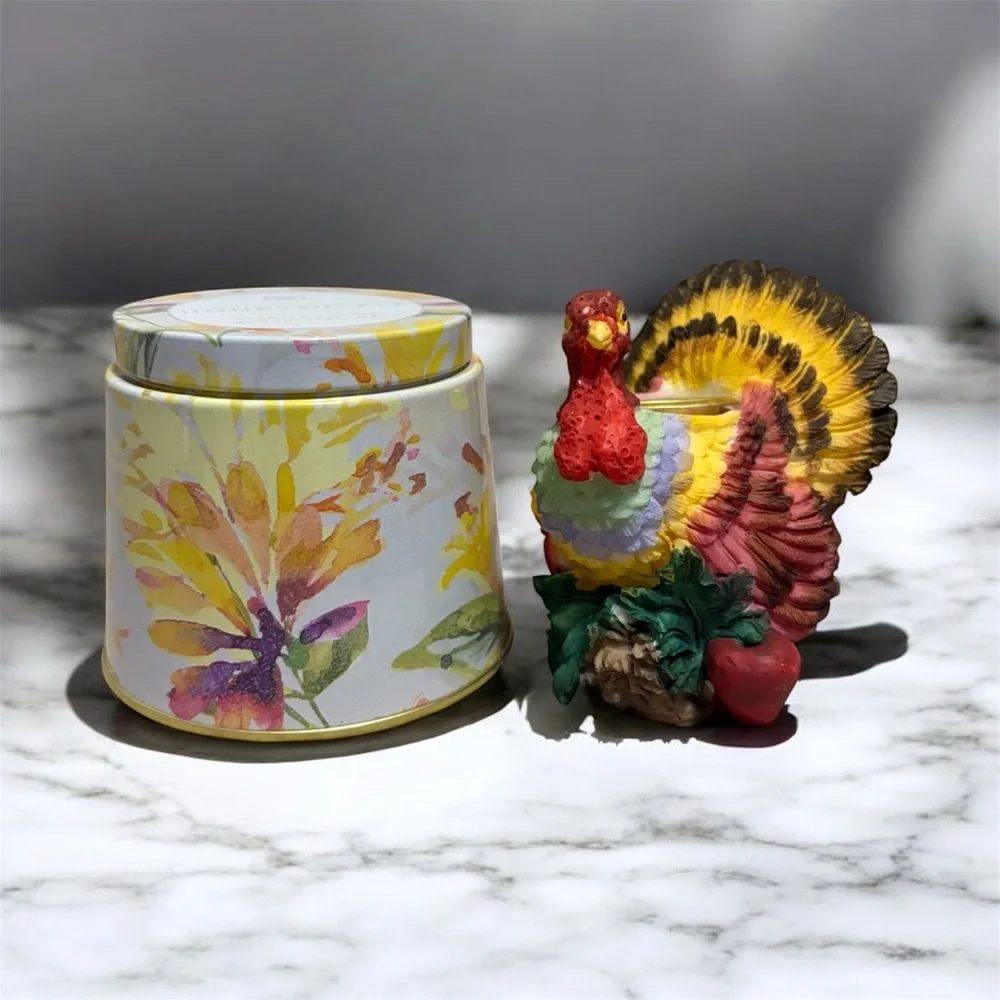 Lot Of 2 - Vtg Ceramic Turkey Candle Holder & Pier 1 Honeysuckle Scented Candle
